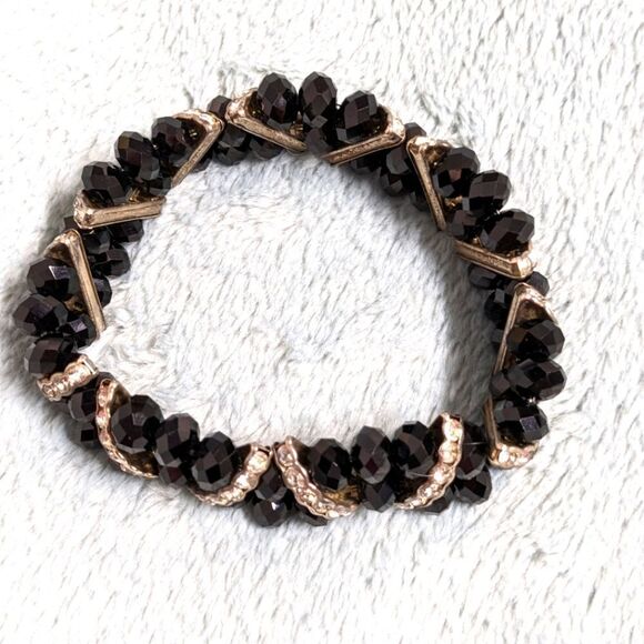 Vintage Black Crystal Bead Stretchy Bracelet with Rhinestone Accents - Picture 14 of 16